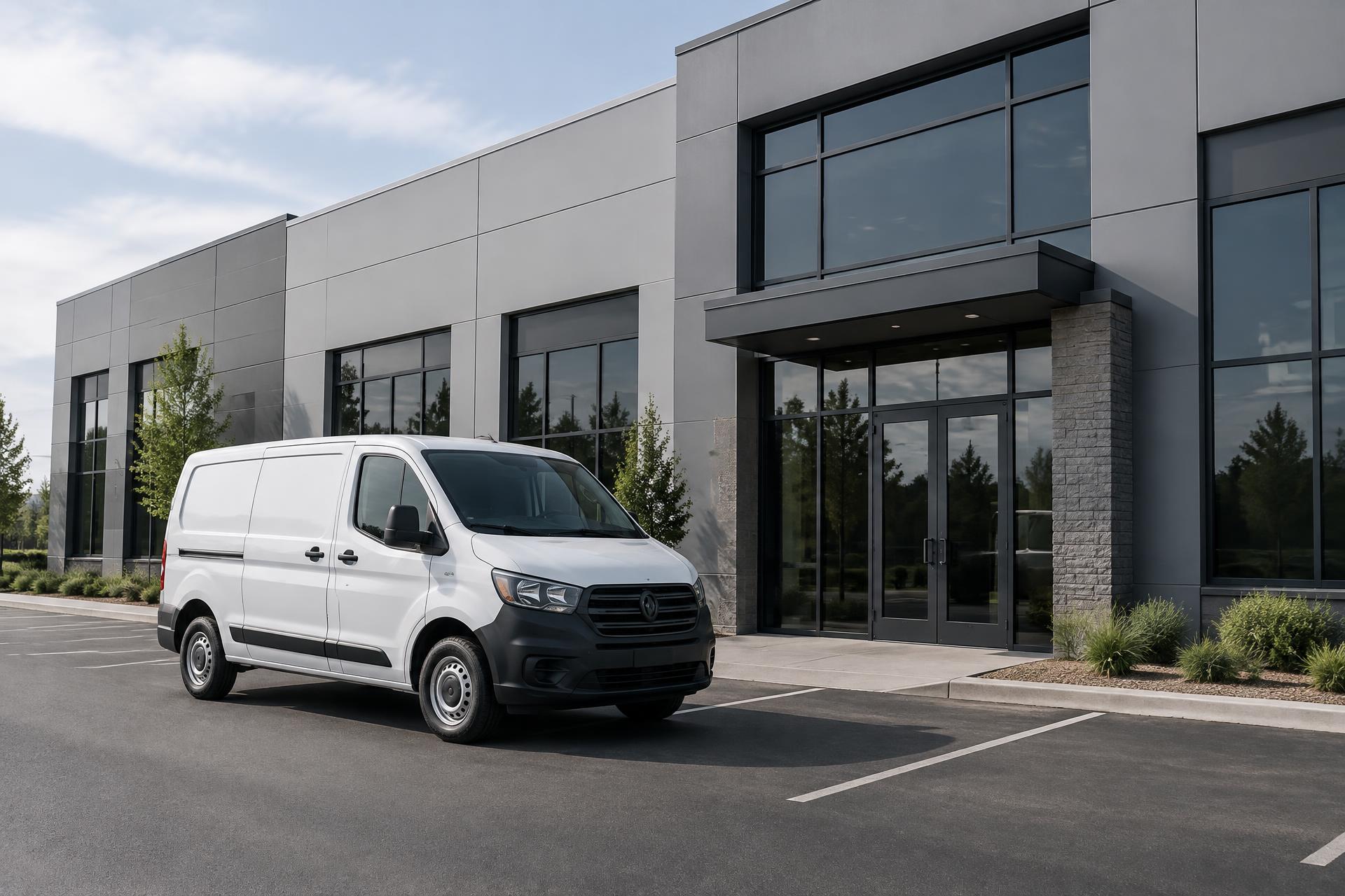 Service van parked outside a modern commercial building